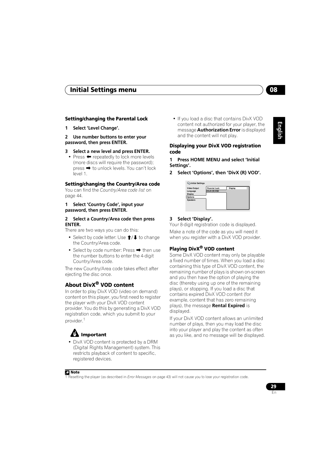 Pioneer DCS-353 About DivX VOD content, Setting/changing the Parental Lock, Setting/changing the Country/Area code 