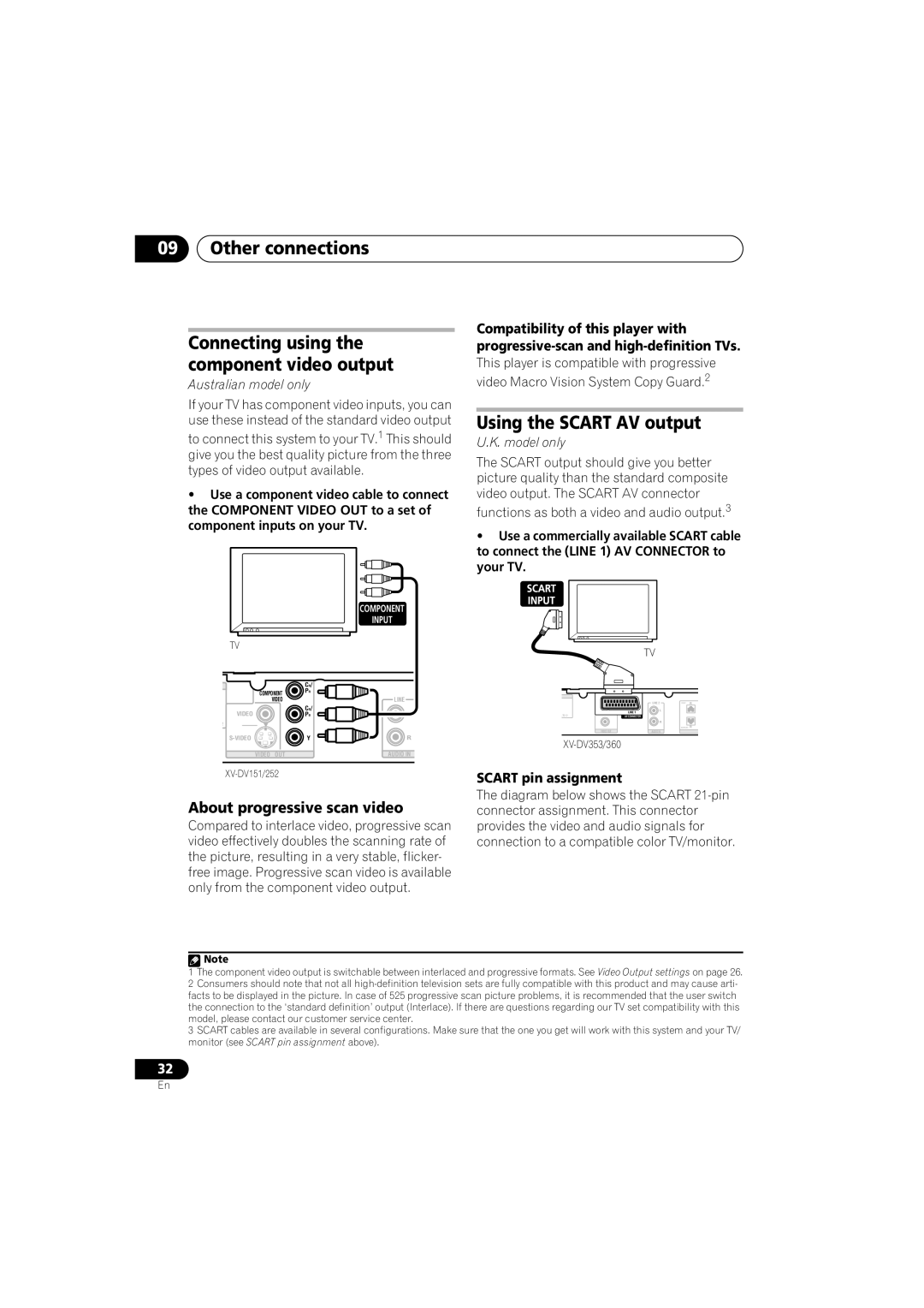 Pioneer DCS-353 Other connections, Using the Scart AV output, About progressive scan video, Scart pin assignment 