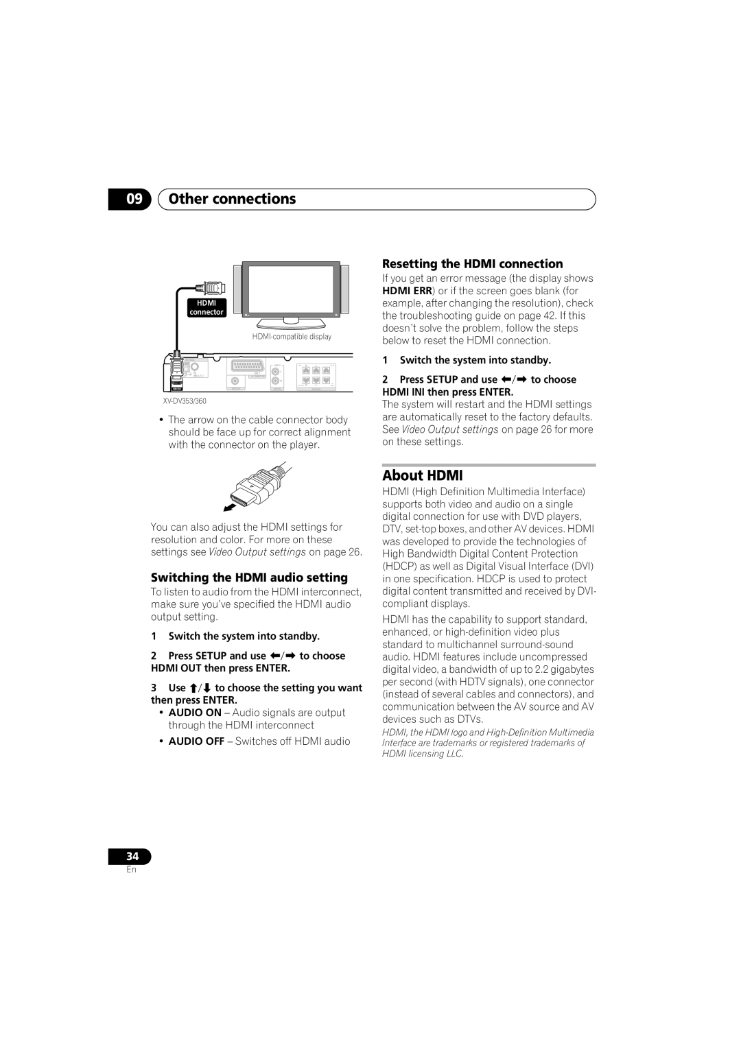 Pioneer DCS-353 operating instructions About Hdmi, Resetting the Hdmi connection, Switching the Hdmi audio setting 