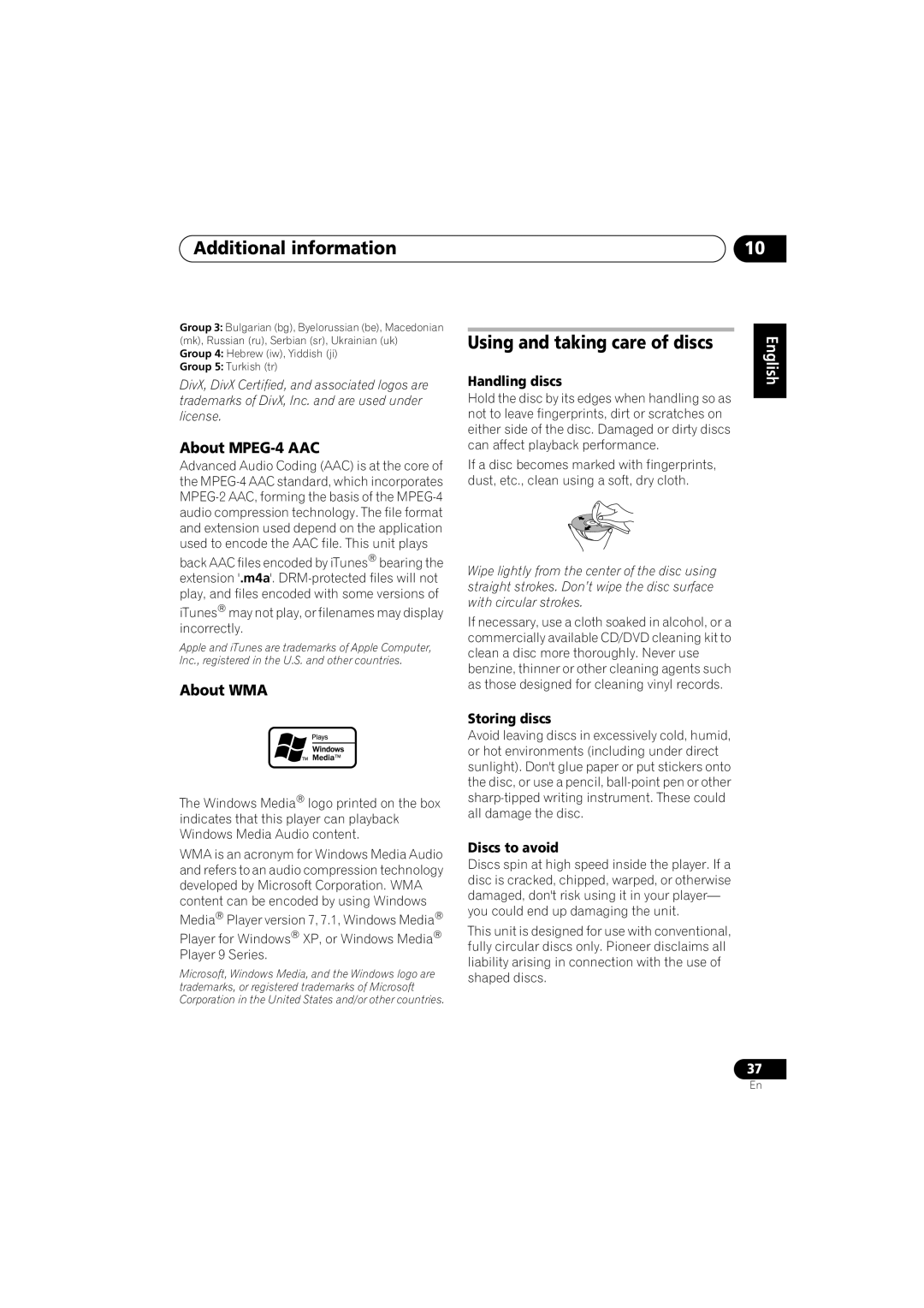 Pioneer DCS-353 operating instructions Using and taking care of discs, About MPEG-4 AAC, About WMA 