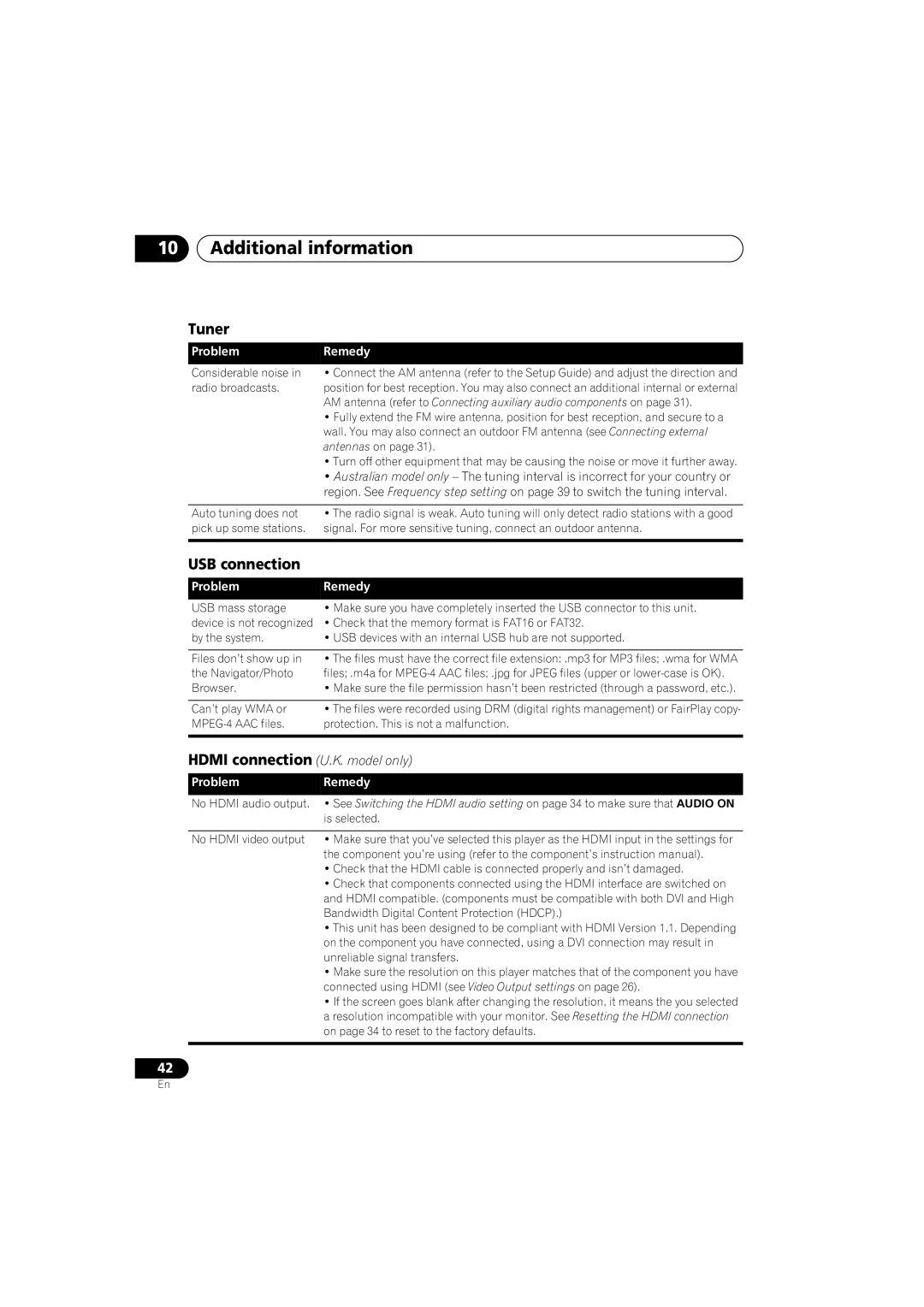 Pioneer DCS-353 operating instructions Tuner, USB connection, ProblemRemedy 