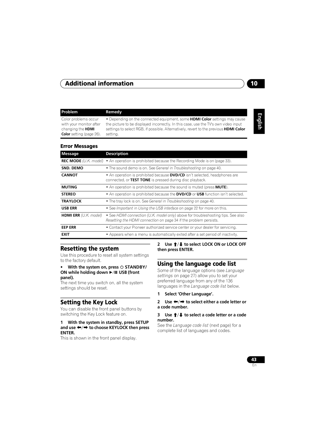 Pioneer DCS-353 Resetting the system, Setting the Key Lock, Using the language code list, Error Messages, Standby 