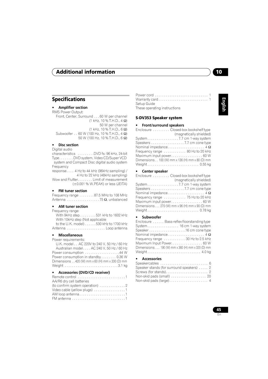 Pioneer DCS-353 operating instructions Additional information Specifications, DV353 Speaker system 