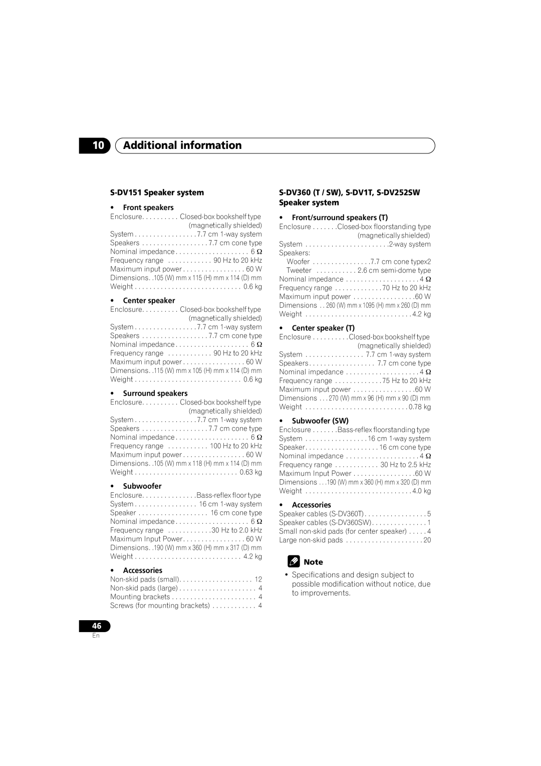 Pioneer DCS-353 operating instructions DV151 Speaker system, DV360 T / SW, S-DV1T, S-DV252SW Speaker system 