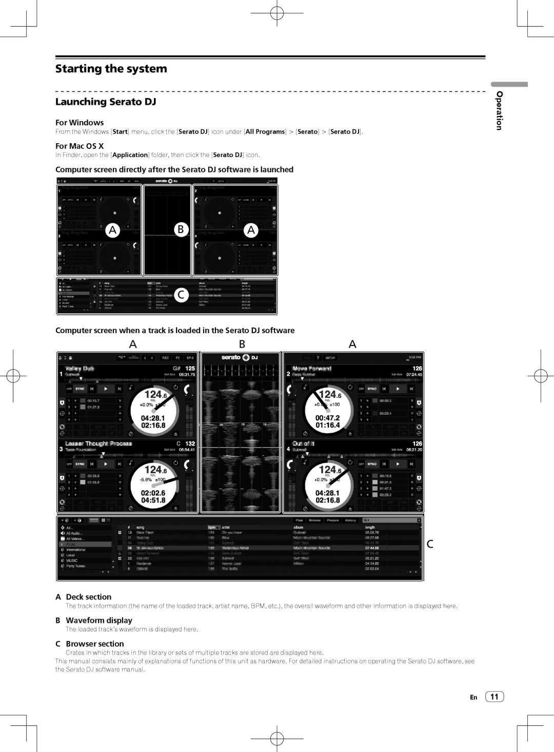 Pioneer DDJ-SX quick start Starting the system, Launching Serato DJ, Deck section, Waveform display, Browser section 