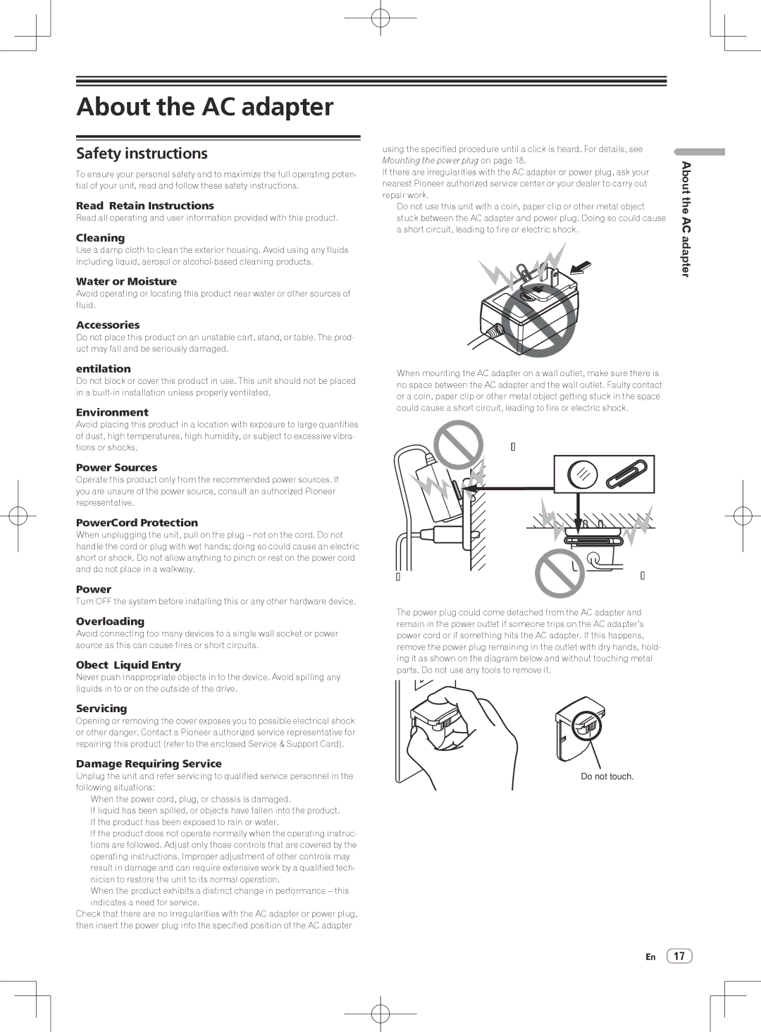 Pioneer DDJ-SX quick start About the AC adapter, Safety instructions 