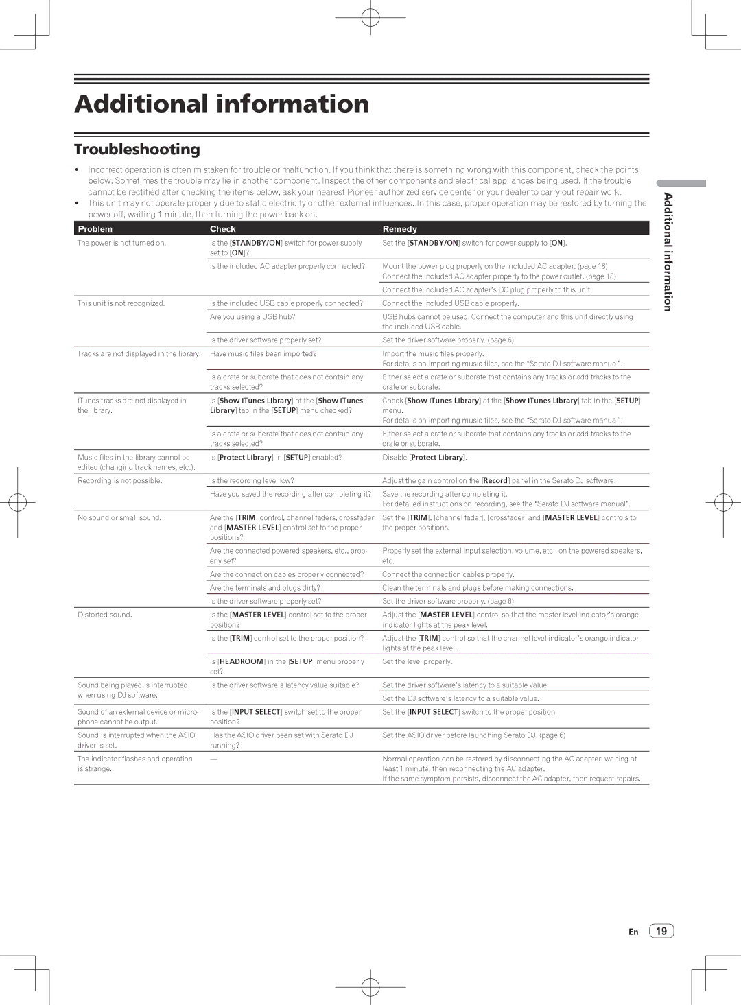Pioneer DDJ-SX quick start Additional information, Troubleshooting 