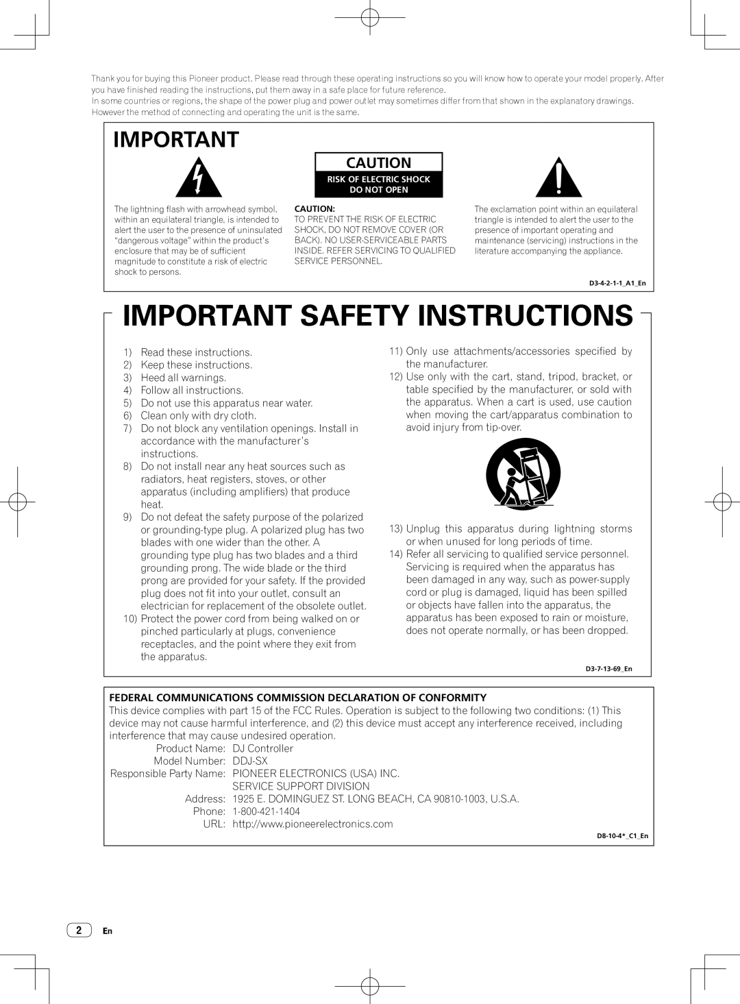 Pioneer DDJ-SX quick start Federal Communications Commission Declaration of Conformity 