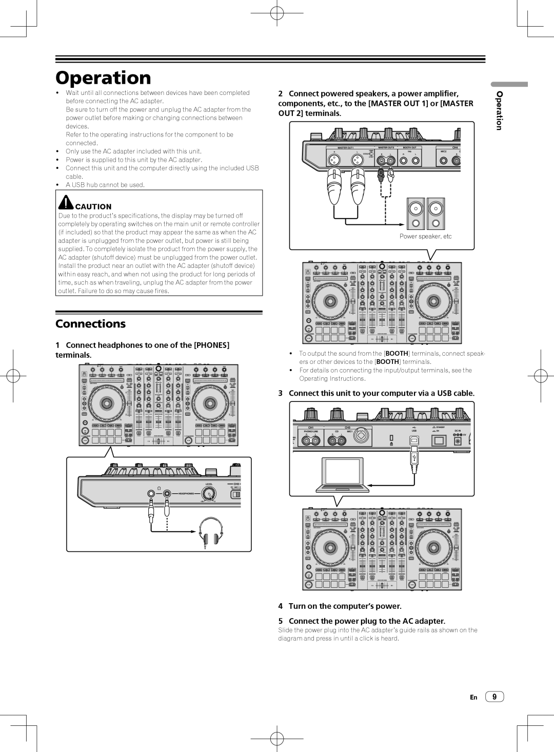 Pioneer DDJ-SX quick start Operation, Connections, Components, etc., to the Master OUT 1 or Master, OUT 2 terminals 