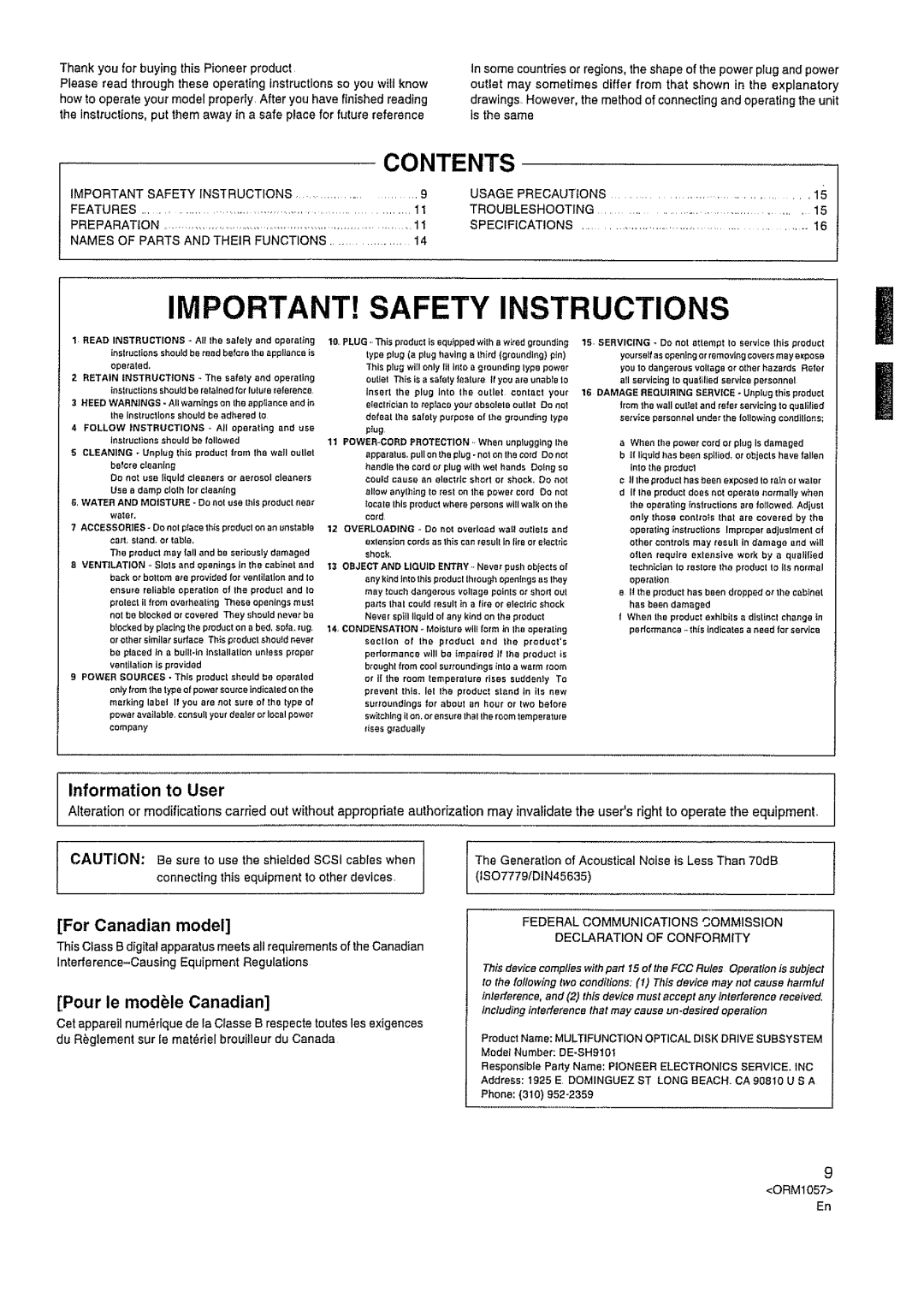 Pioneer DE-SH9101 manual 