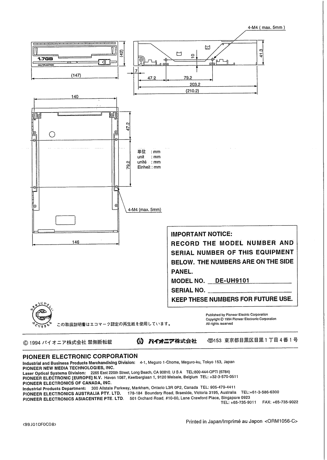 Pioneer DE-UH9101 manual 