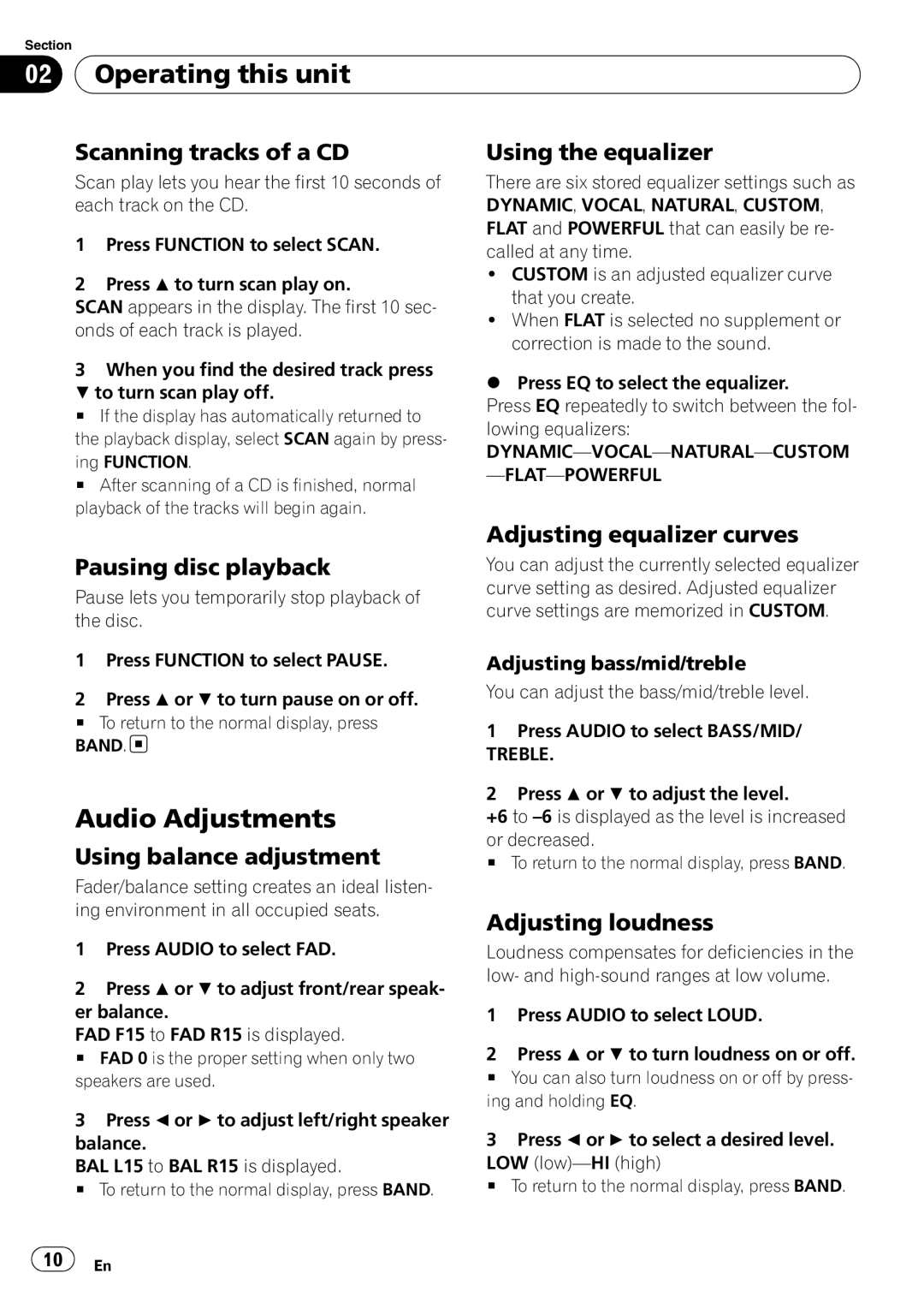 Pioneer DEH-1020E, DEH-1000E operation manual Audio Adjustments 