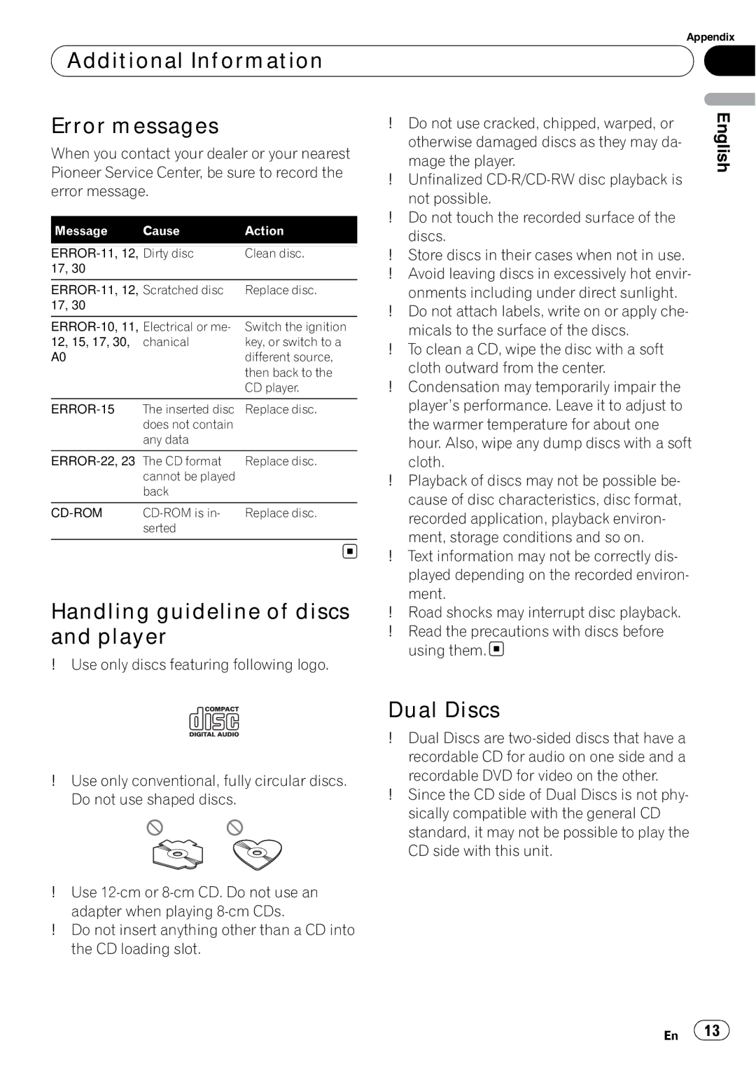 Pioneer DEH-1000E, DEH-1020E Additional Information Error messages, Handling guideline of discs and player, Dual Discs 