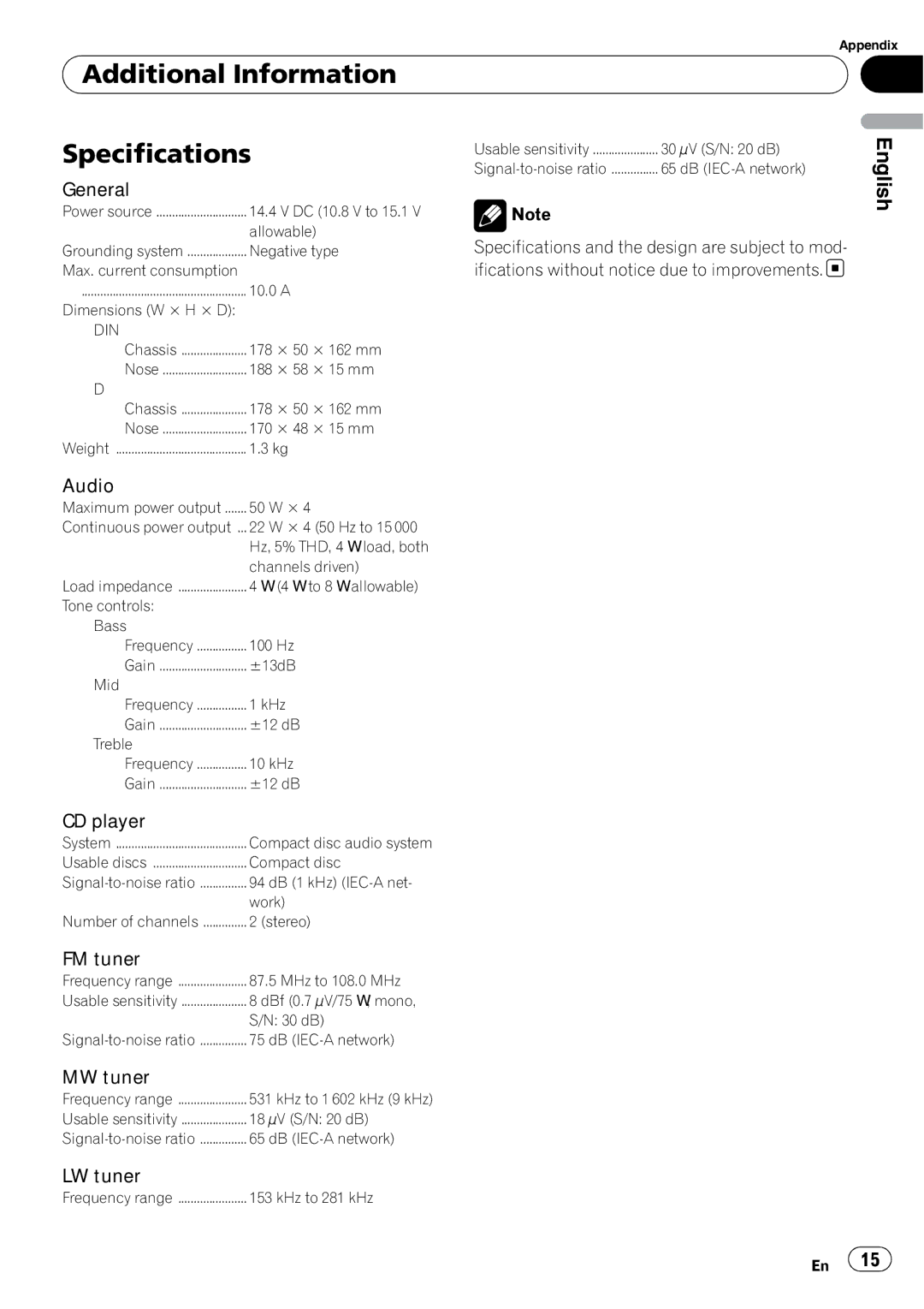 Pioneer DEH-1000E, DEH-1020E operation manual Additional Information Specifications 