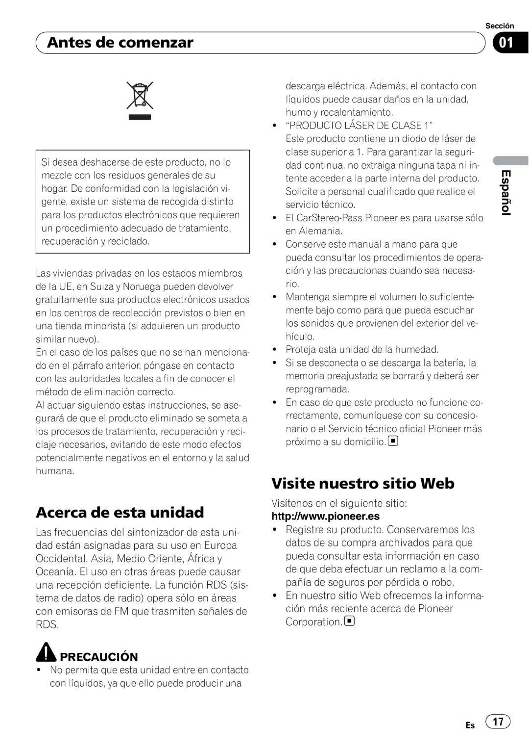 Pioneer DEH-1000E, DEH-1020E Antes de comenzar, Acerca de esta unidad, Visite nuestro sitio Web, Producto Láser DE Clase 