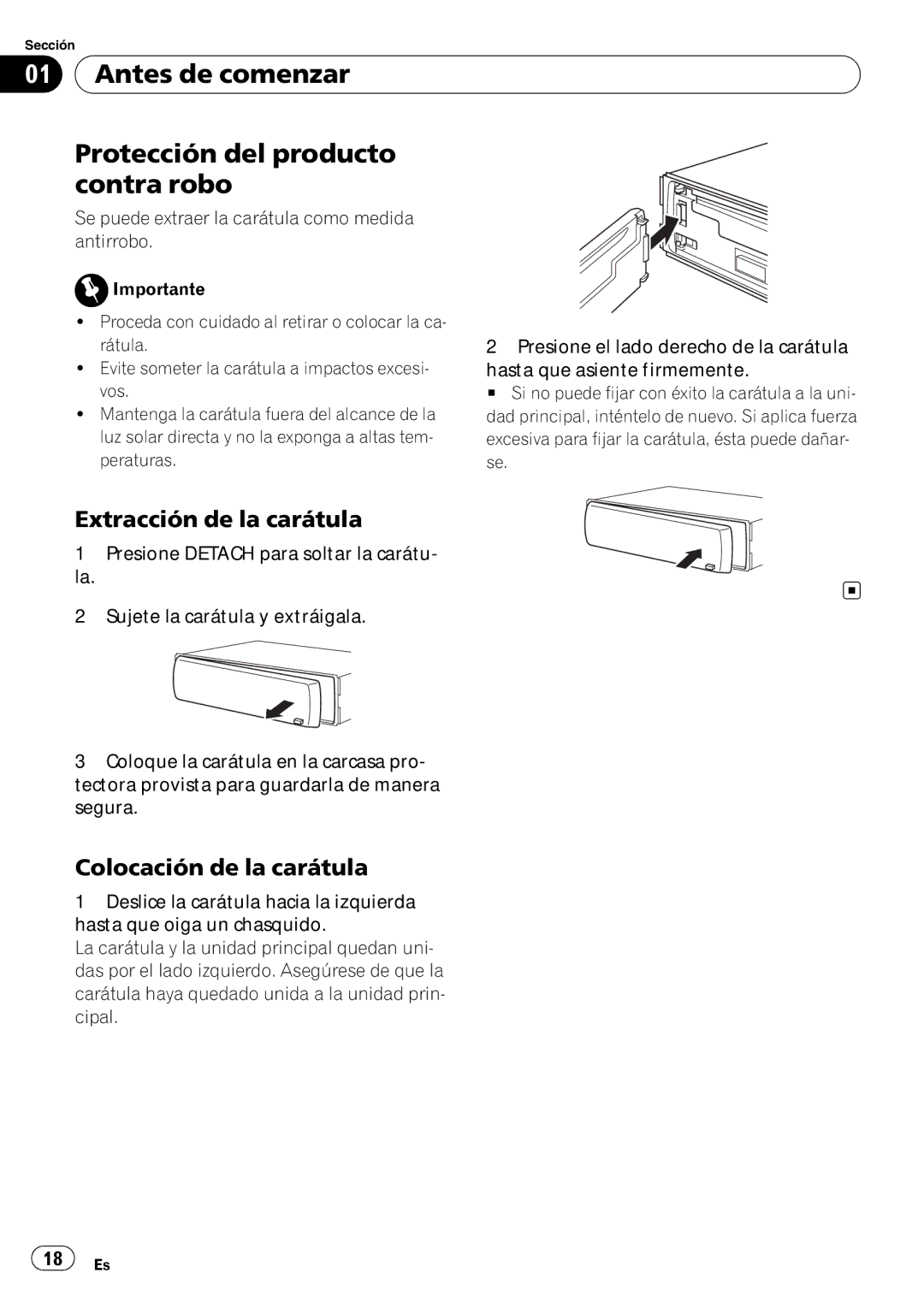 Pioneer DEH-1020E, DEH-1000E Antes de comenzar Protección del producto contra robo, Extracción de la carátula 