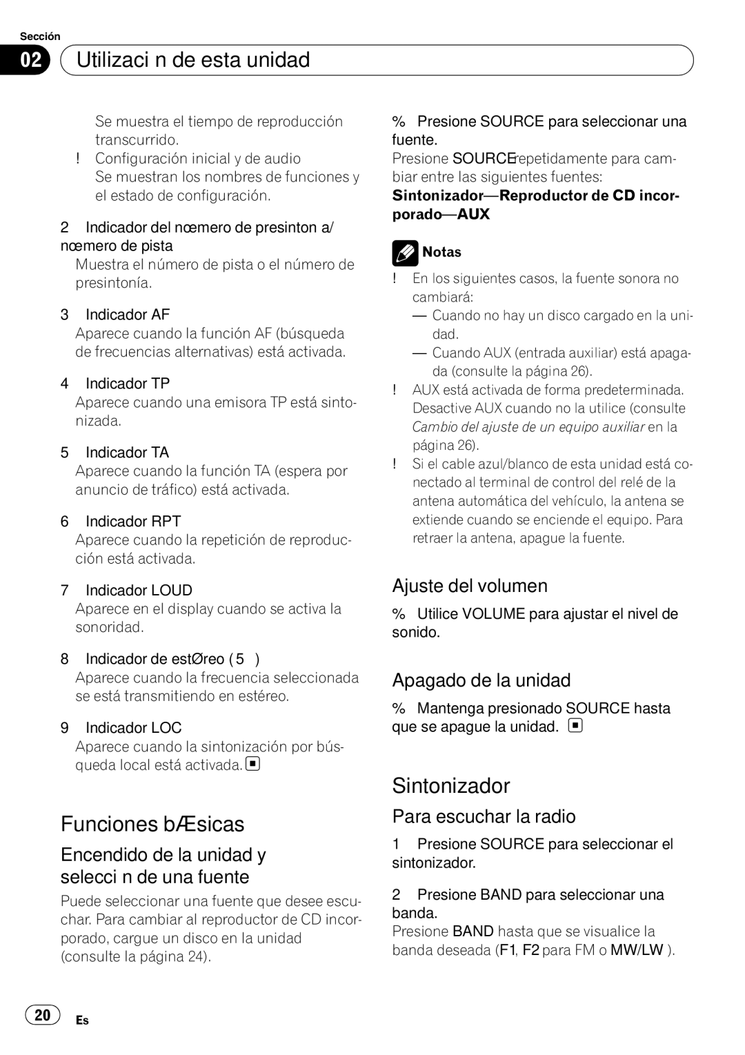 Pioneer DEH-1020E, DEH-1000E operation manual Utilización de esta unidad, Funciones básicas, Sintonizador 