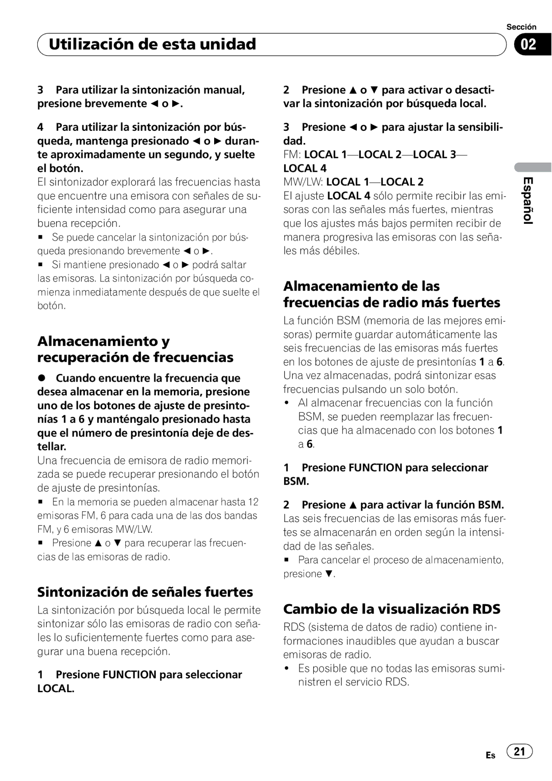 Pioneer DEH-1000E, DEH-1020E operation manual Almacenamiento y recuperación de frecuencias, Sintonización de señales fuertes 