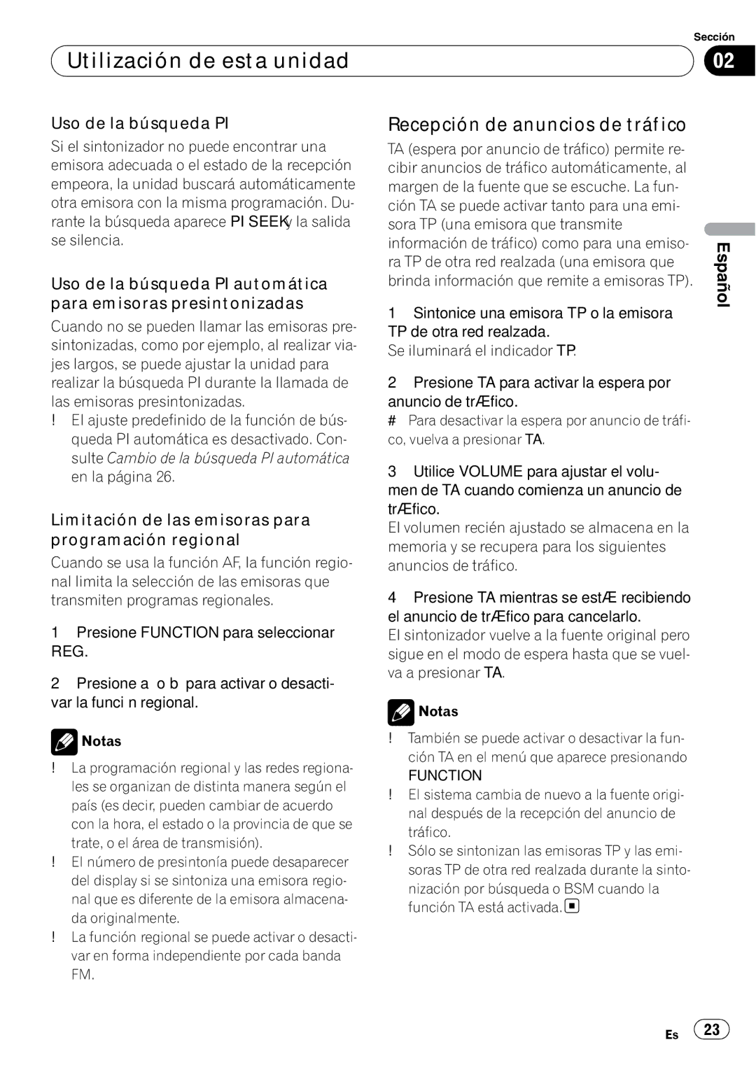 Pioneer DEH-1000E, DEH-1020E operation manual Recepción de anuncios de tráfico, Uso de la búsqueda PI 