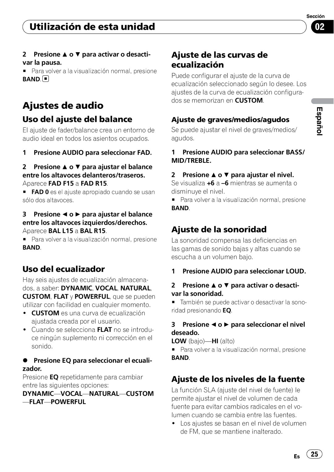 Pioneer DEH-1000E, DEH-1020E operation manual Ajustes de audio 