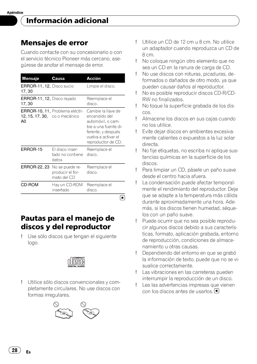 Pioneer DEH-1020E, DEH-1000E Información adicional Mensajes de error, Pautas para el manejo de, Discos y del reproductor 