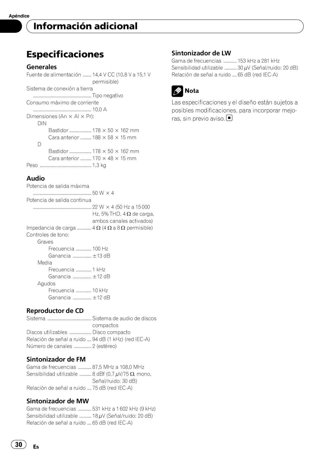 Pioneer DEH-1020E, DEH-1000E operation manual Información adicional Especificaciones 