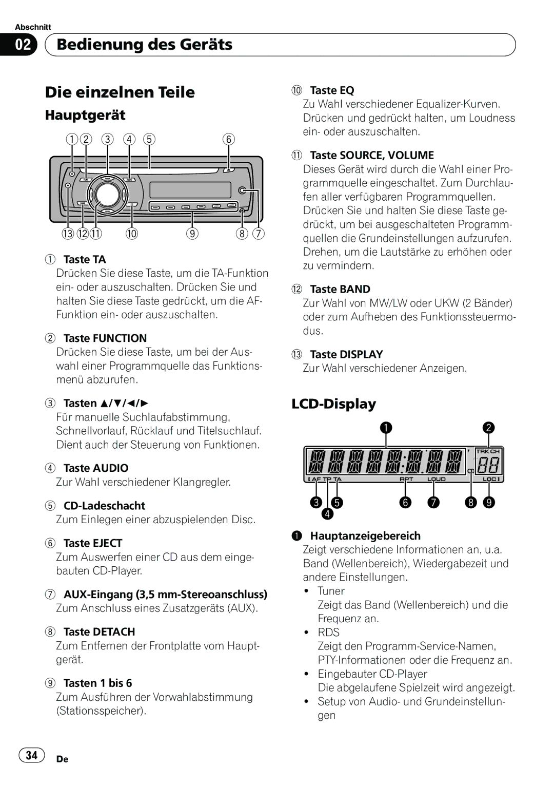 Pioneer DEH-1020E, DEH-1000E operation manual Bedienung des Geräts Die einzelnen Teile, Hauptgerät, LCD-Display 