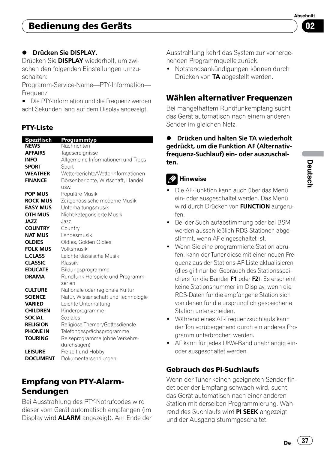 Pioneer DEH-1000E Wählen alternativer Frequenzen, Empfang von PTY-Alarm- Sendungen, PTY-Liste, Gebrauch des PI-Suchlaufs 