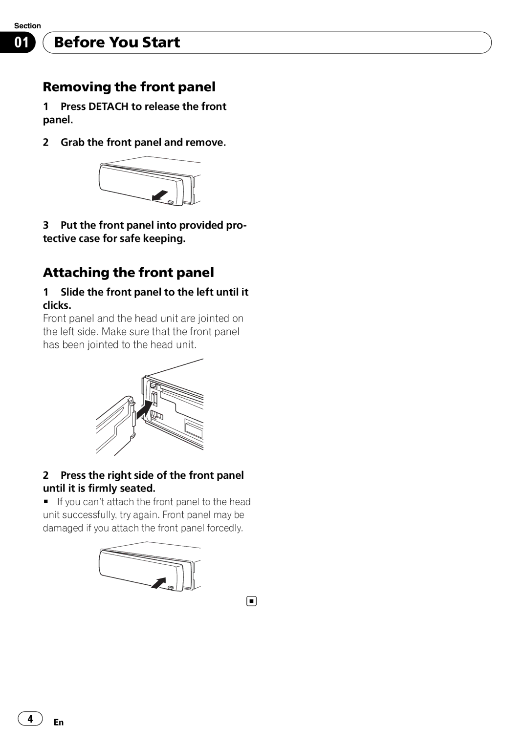 Pioneer DEH-1020E, DEH-1000E operation manual Removing the front panel, Attaching the front panel 