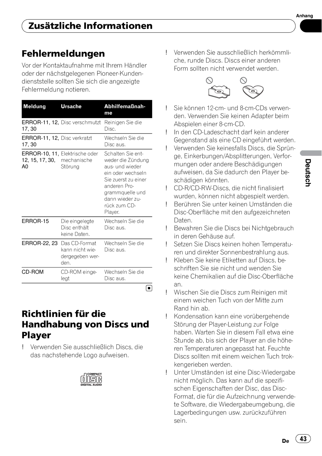 Pioneer DEH-1000E Zusätzliche Informationen Fehlermeldungen, Richtlinien für die Handhabung von Discs und Player 