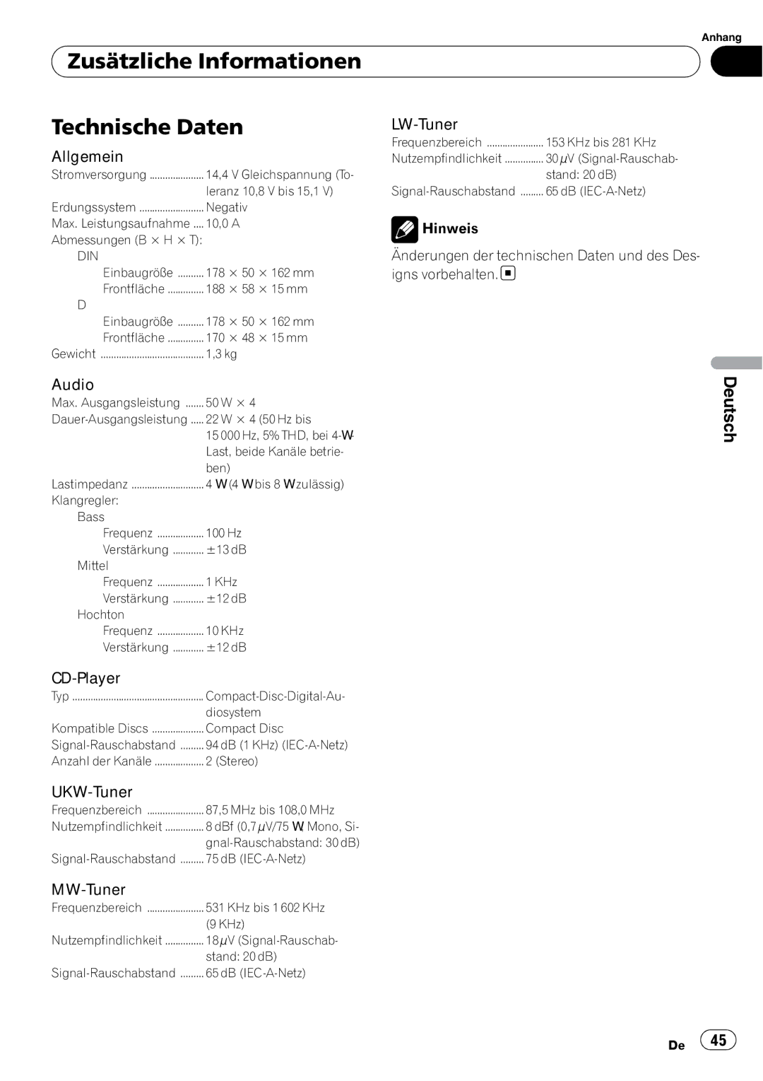 Pioneer DEH-1000E, DEH-1020E operation manual Zusätzliche Informationen Technische Daten 