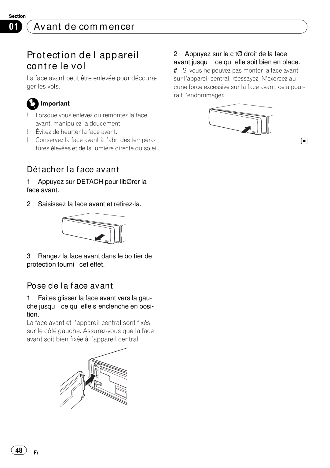 Pioneer DEH-1020E, DEH-1000E Avant de commencer Protection de l’appareil, Contre le vol, Détacher la face avant 