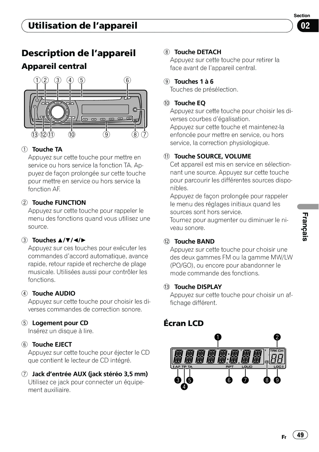 Pioneer DEH-1000E, DEH-1020E Utilisation de l’appareil Description de l’appareil, Appareil central, Écran LCD 