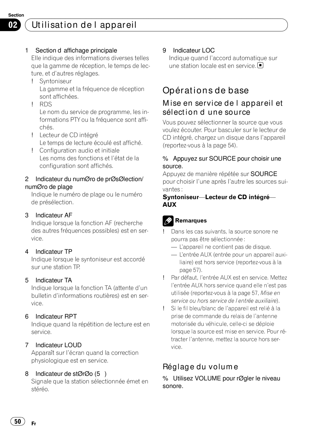 Pioneer DEH-1020E Utilisation de l’appareil, Opérations de base, Mise en service de l’appareil et sélection d’une source 