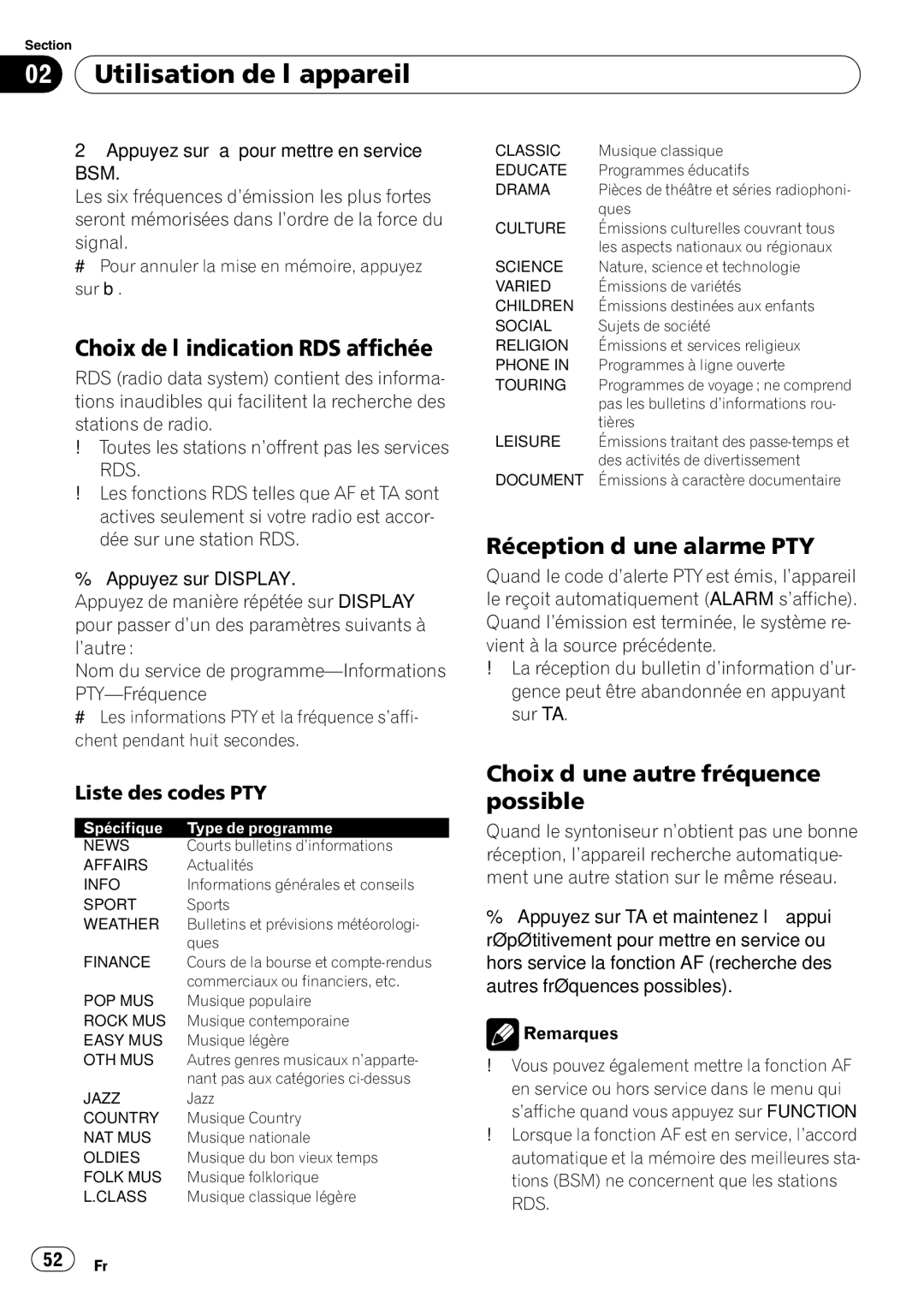 Pioneer DEH-1020E Choix de l’indication RDS affichée, Réception d’une alarme PTY, Choix d’une autre fréquence possible 