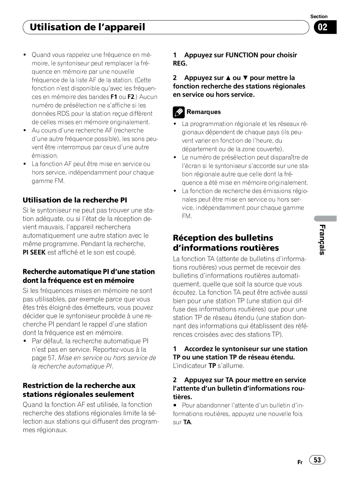 Pioneer DEH-1000E, DEH-1020E Réception des bulletins d’informations routières, Utilisation de la recherche PI 