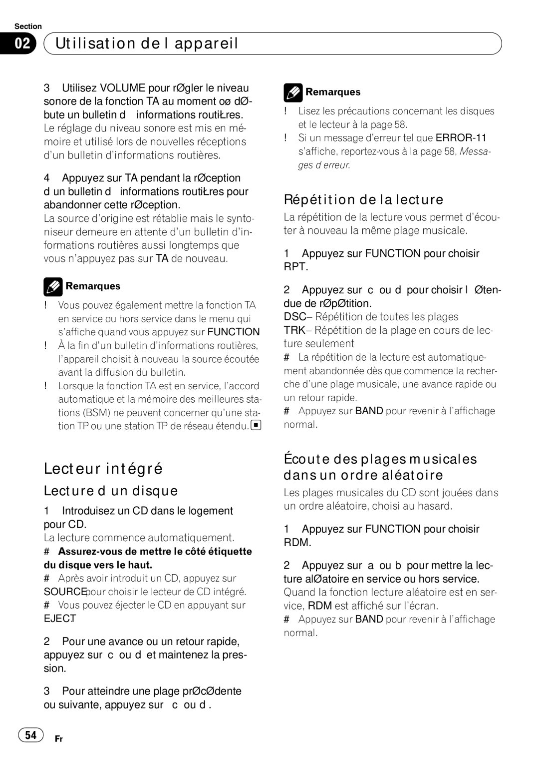 Pioneer DEH-1020E, DEH-1000E operation manual Lecteur intégré, Répétition de la lecture, Lecture d’un disque, Eject 