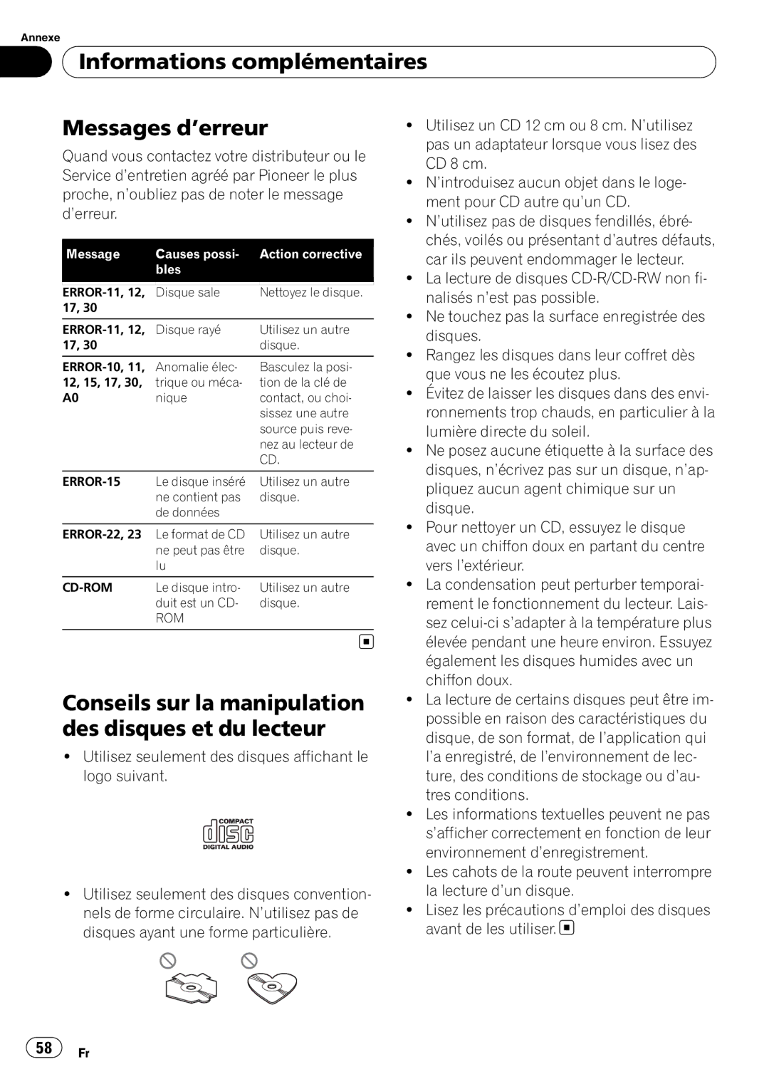 Pioneer DEH-1020E Informations complémentaires Messages d’erreur, Conseils sur la manipulation des disques et du lecteur 