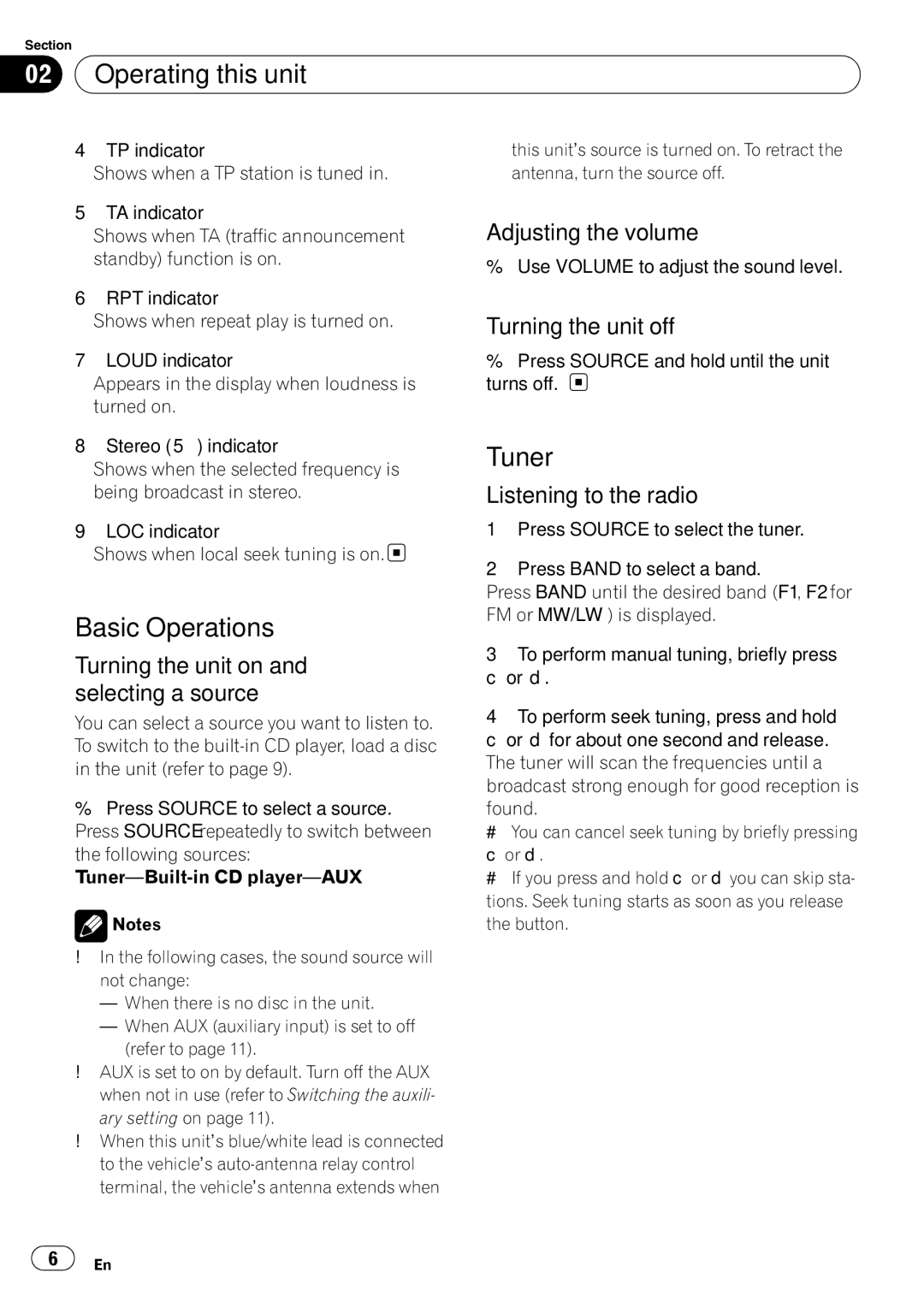 Pioneer DEH-1020E, DEH-1000E operation manual Operating this unit, Basic Operations, Tuner 