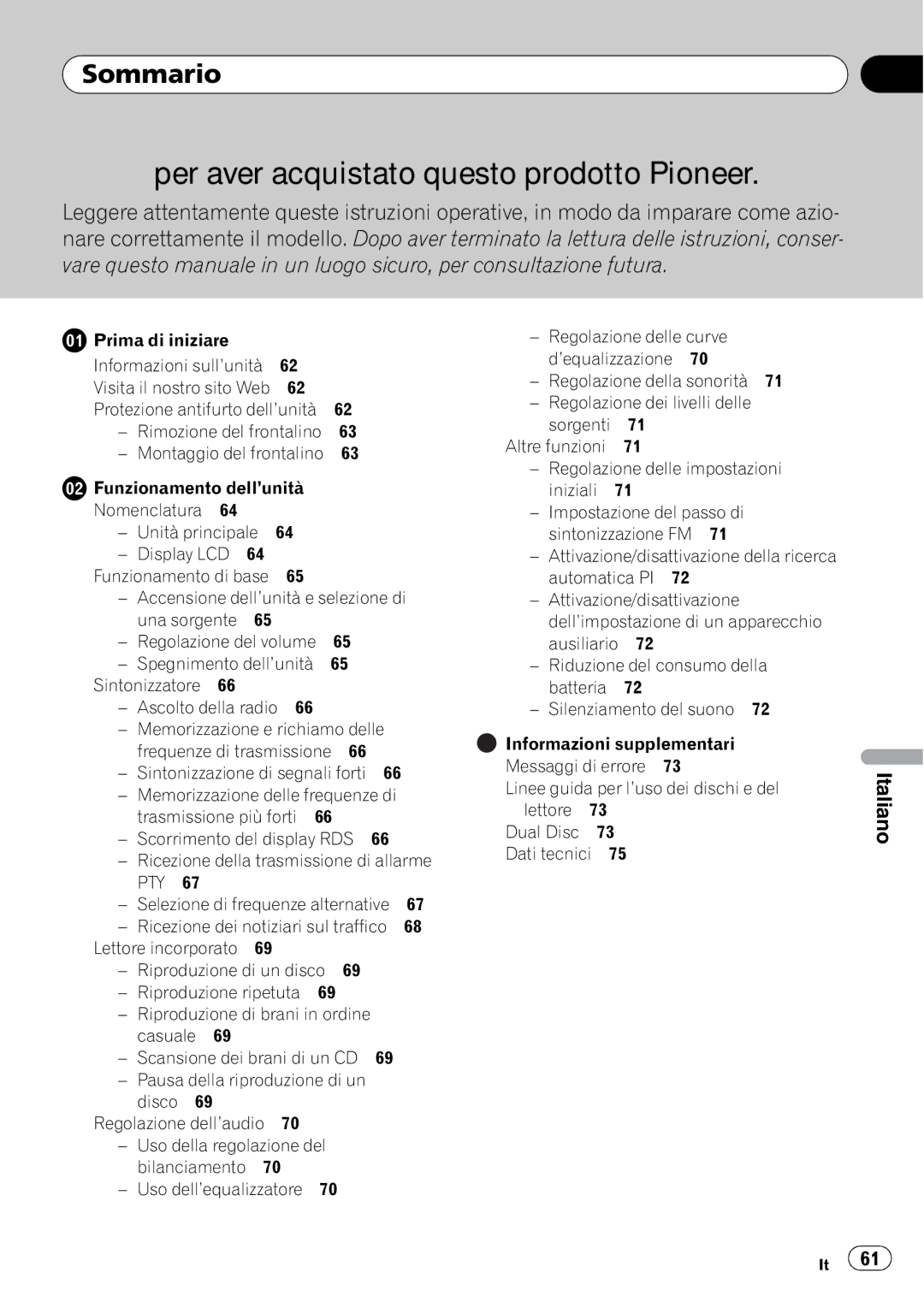 Pioneer DEH-1000E, DEH-1020E operation manual Sommario, Prima di iniziare Informazioni sull’unità 