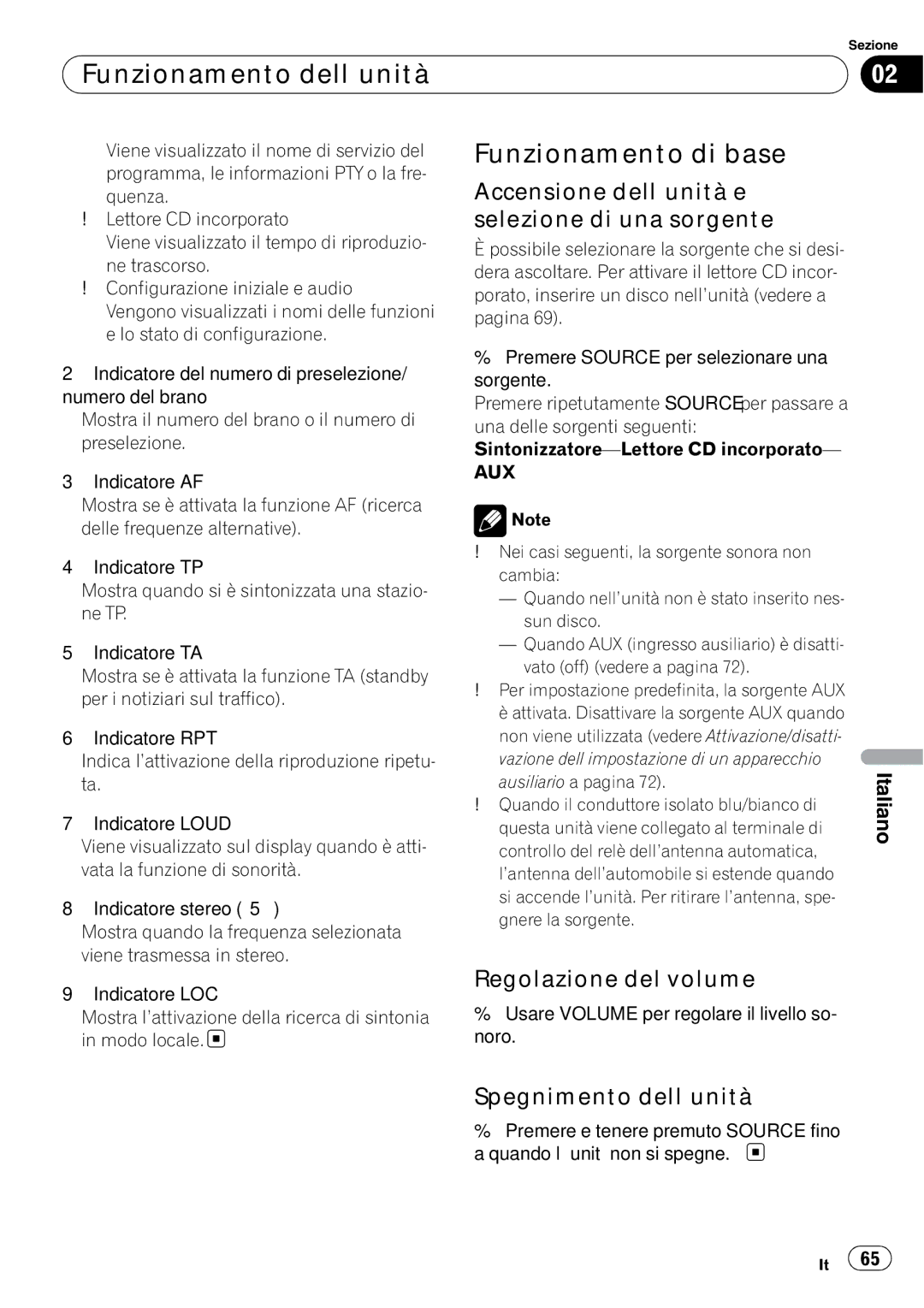 Pioneer DEH-1000E Funzionamento dell’unità, Funzionamento di base, Accensione dell’unità e selezione di una sorgente 