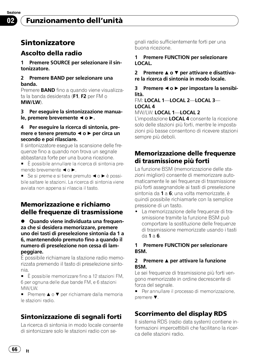 Pioneer DEH-1020E, DEH-1000E operation manual Funzionamento dell’unità Sintonizzatore 