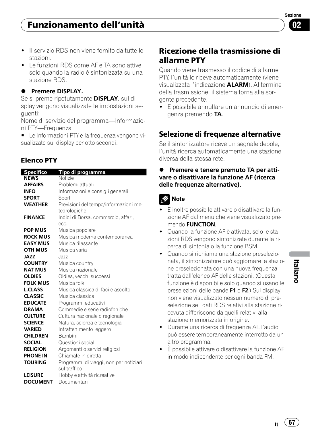 Pioneer DEH-1000E, DEH-1020E Ricezione della trasmissione di allarme PTY, Selezione di frequenze alternative, Elenco PTY 