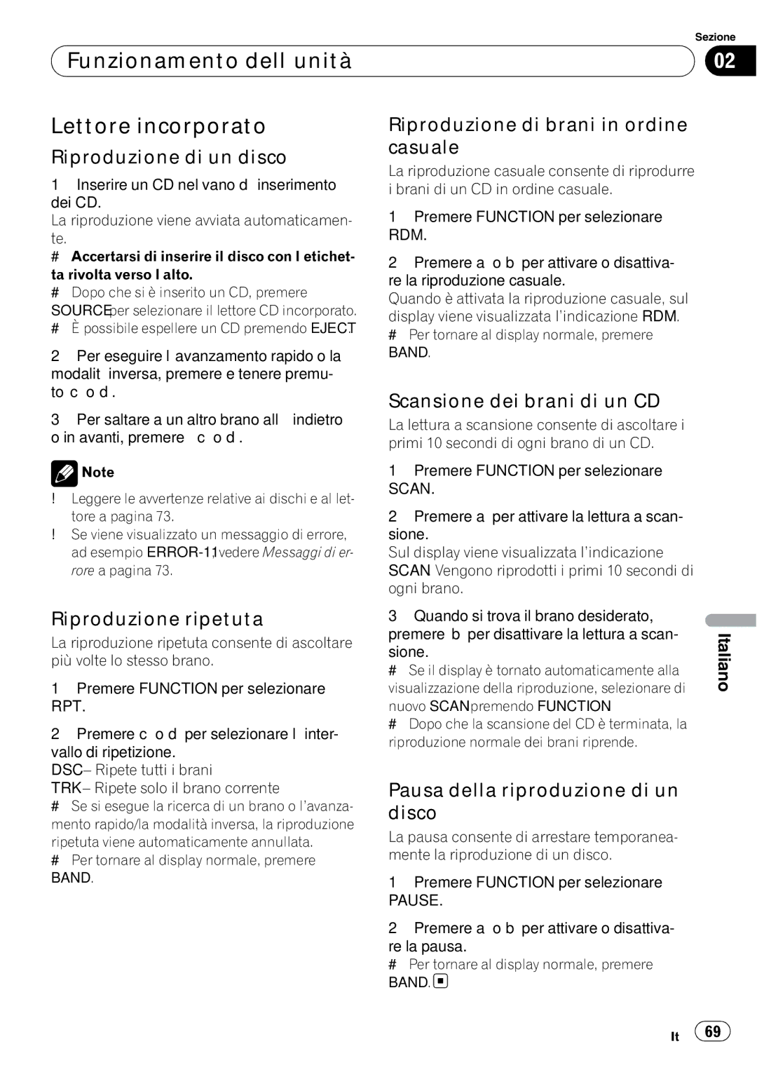 Pioneer DEH-1000E, DEH-1020E operation manual Funzionamento dell’unità Lettore incorporato 