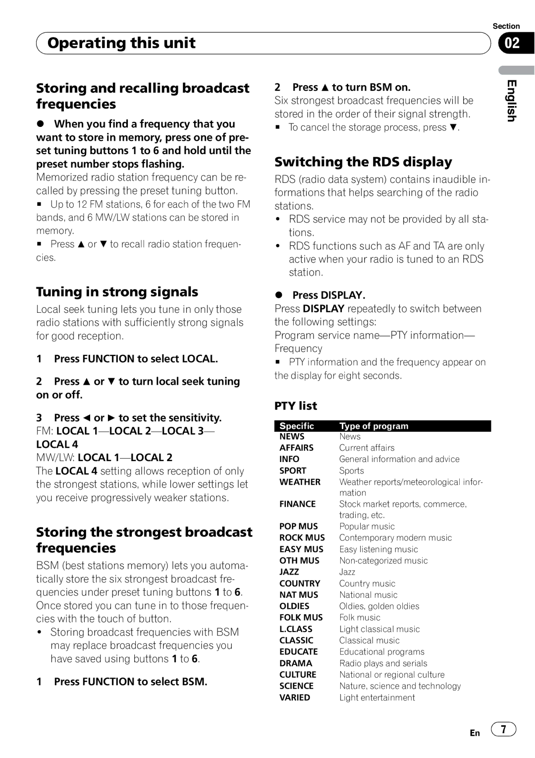 Pioneer DEH-1000E Storing and recalling broadcast frequencies, Switching the RDS display, Tuning in strong signals 