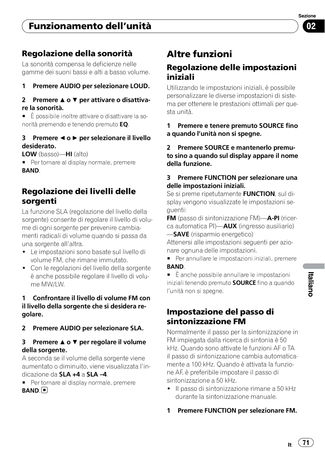 Pioneer DEH-1000E, DEH-1020E Altre funzioni, Regolazione della sonorità, Regolazione delle impostazioni iniziali 