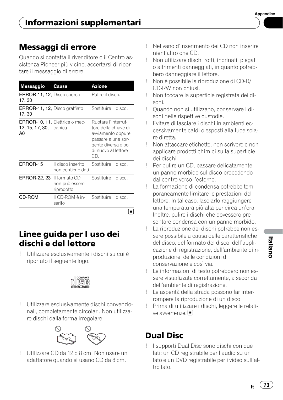 Pioneer DEH-1000E Informazioni supplementari Messaggi di errore, Linee guida per l’uso dei dischi e del lettore, Dual Disc 