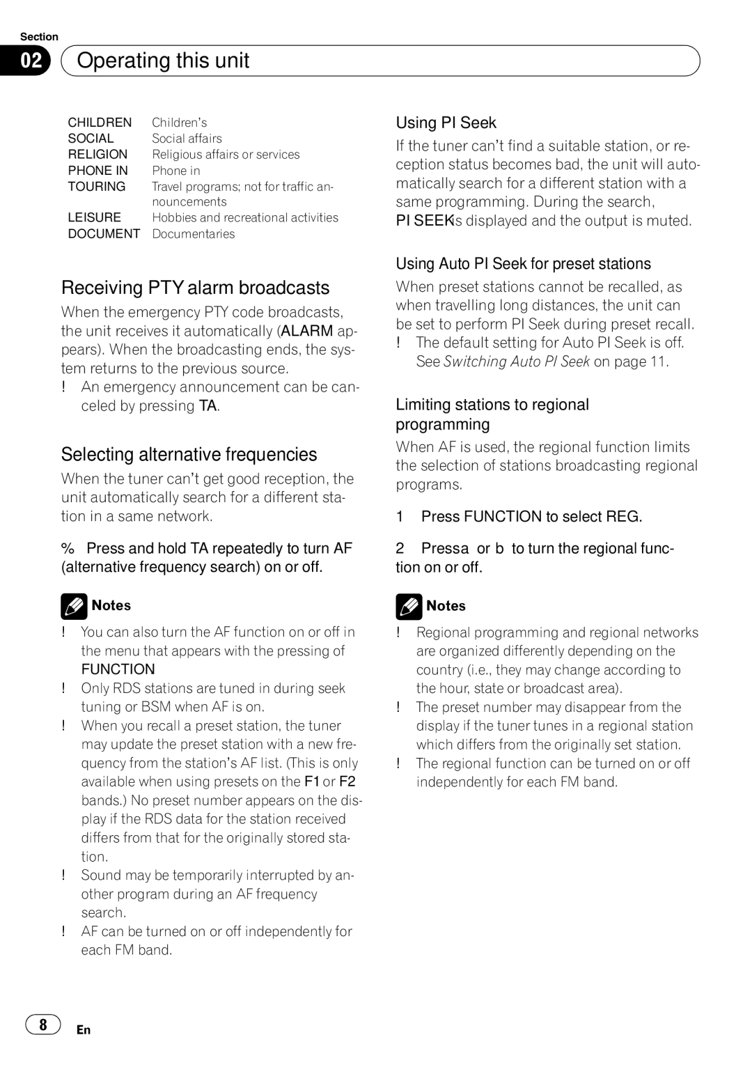 Pioneer DEH-1020E, DEH-1000E Receiving PTY alarm broadcasts, Selecting alternative frequencies, Using PI Seek 