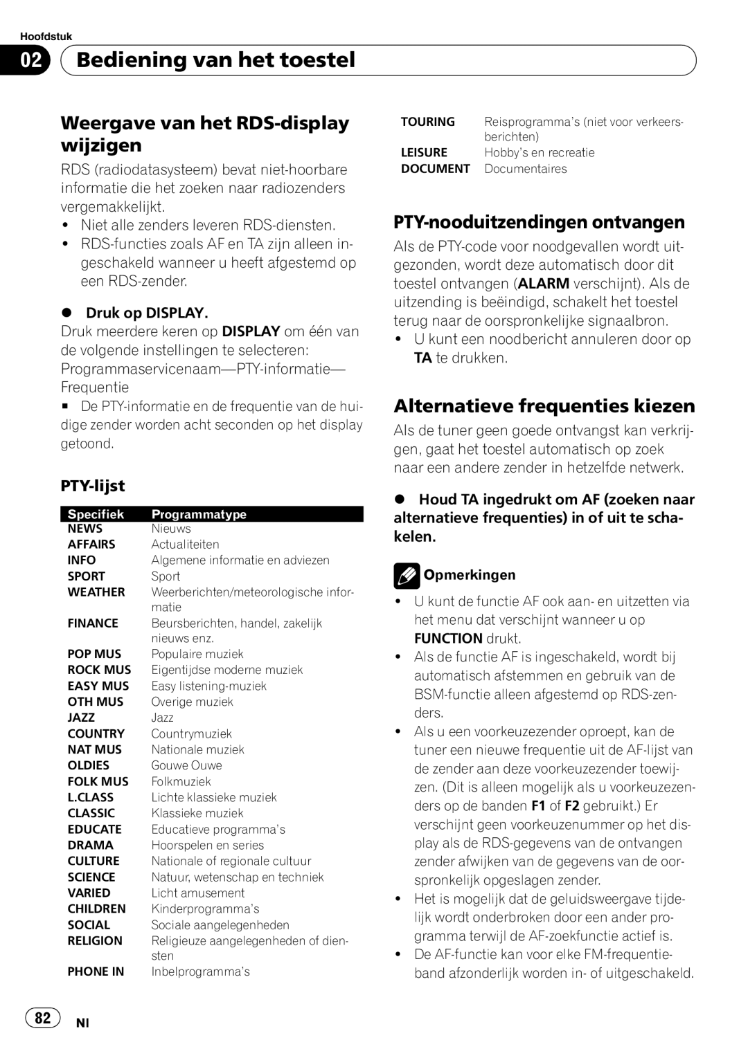 Pioneer DEH-1020E Weergave van het RDS-display wijzigen, PTY-nooduitzendingen ontvangen, Alternatieve frequenties kiezen 