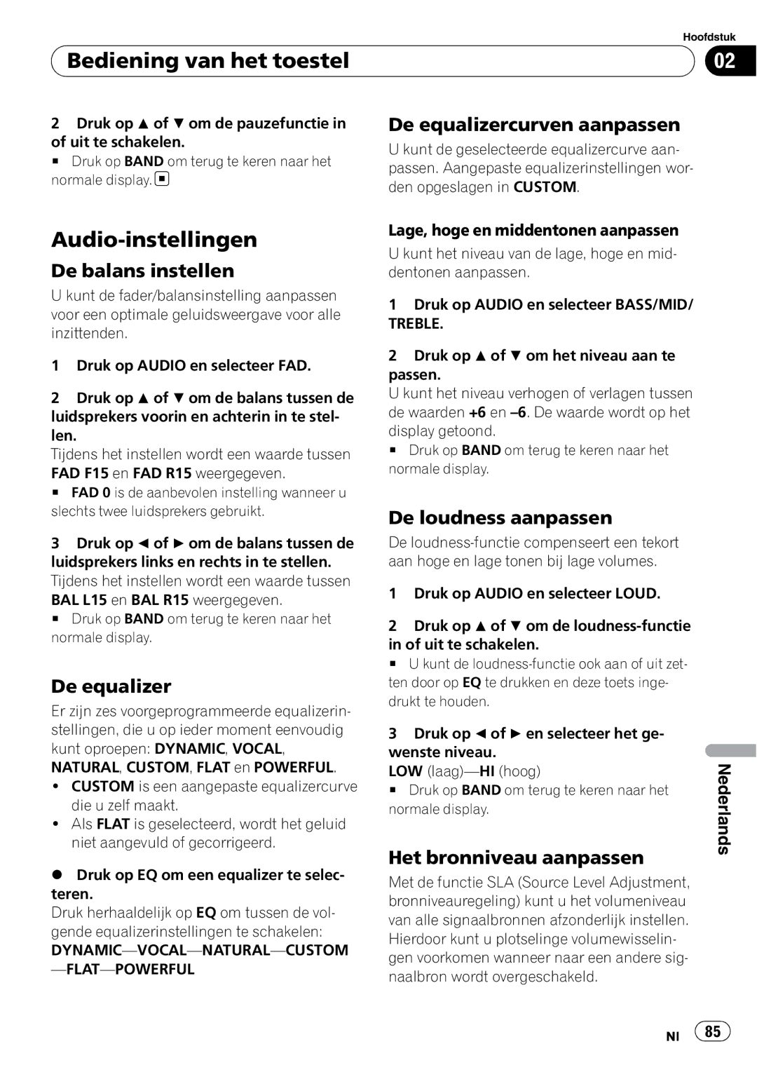 Pioneer DEH-1000E, DEH-1020E operation manual Audio-instellingen 